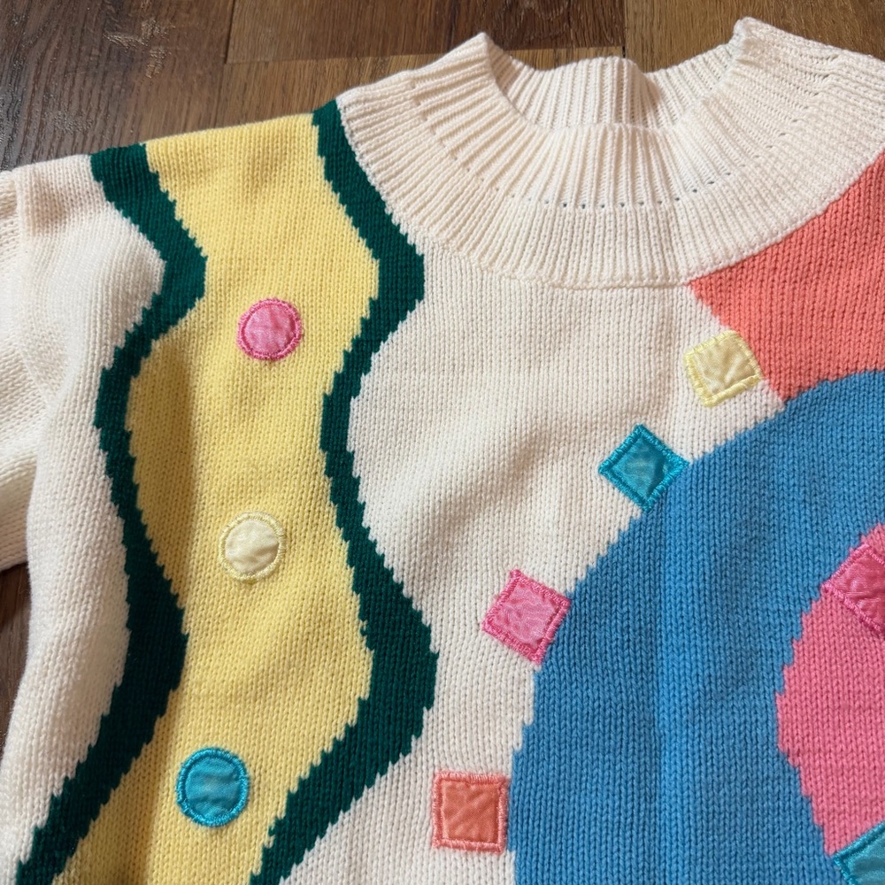 Vintage Korean Sweater Vintage Geometric Cream Mock Neck Knit Sweater 80’s 90’s - Picture 6 of 16